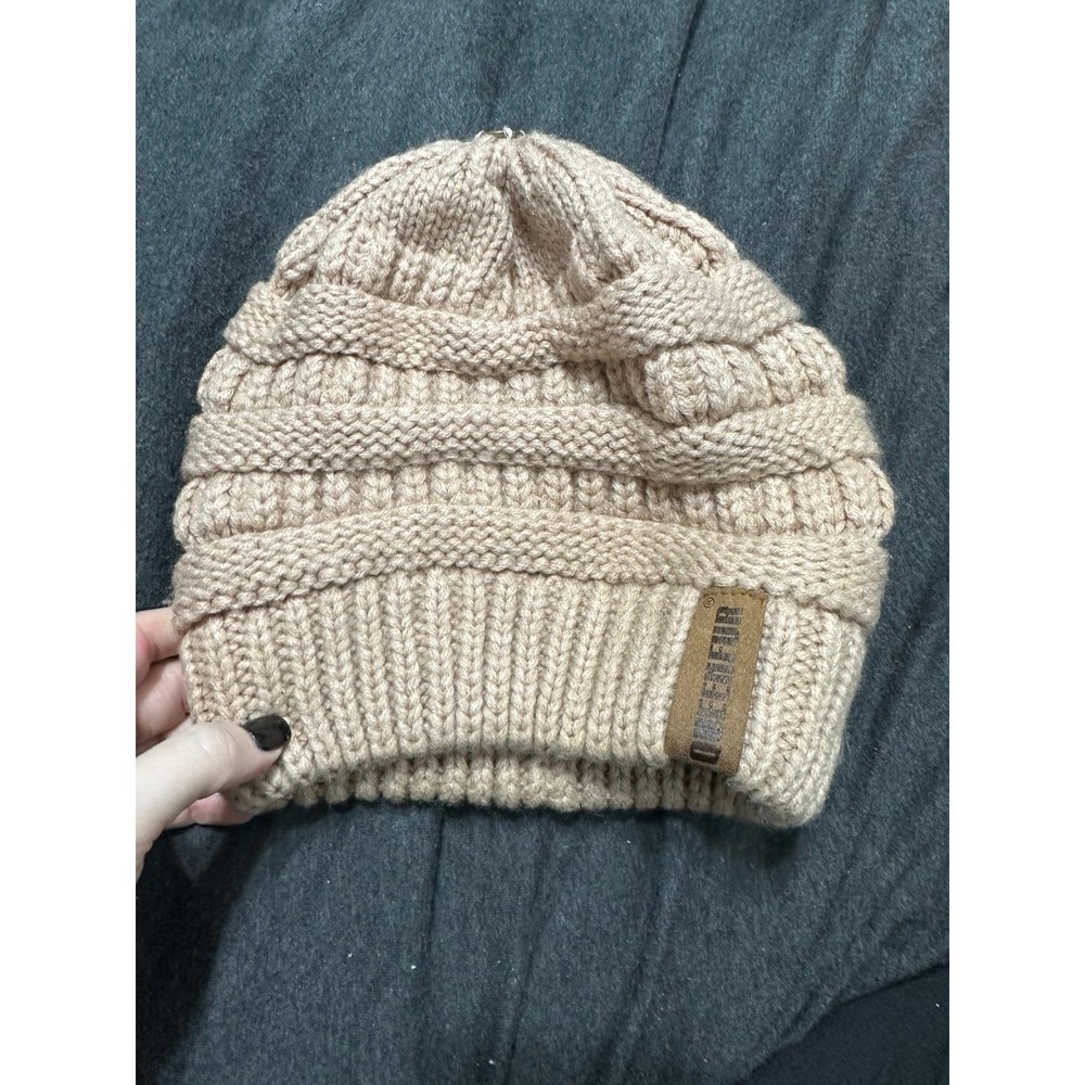 C.C Women’s Beige Cable Knit Messy Bun Ponytail Beanie